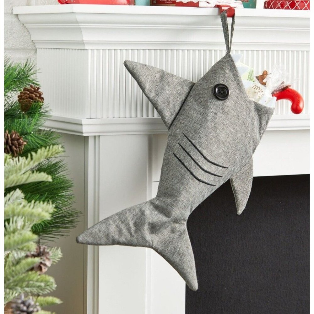Holiday Time Gray Shark Christmas Stocking 20” Button Eye White Teeth